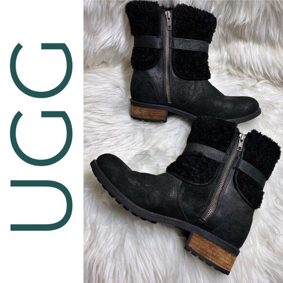 NWOB UGG BLAYRE II BLACK LEATHER SHORT BOOT SHEARLING GRUNGE GOTH PREPPY WOMEN 8 - Picture 3 of 13